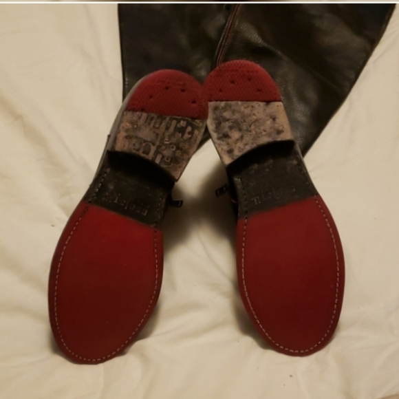 BED|STÜ Manchester Distressed Black Leather Knee-High Boots Red Stitching/Soles - Picture 11 of 16